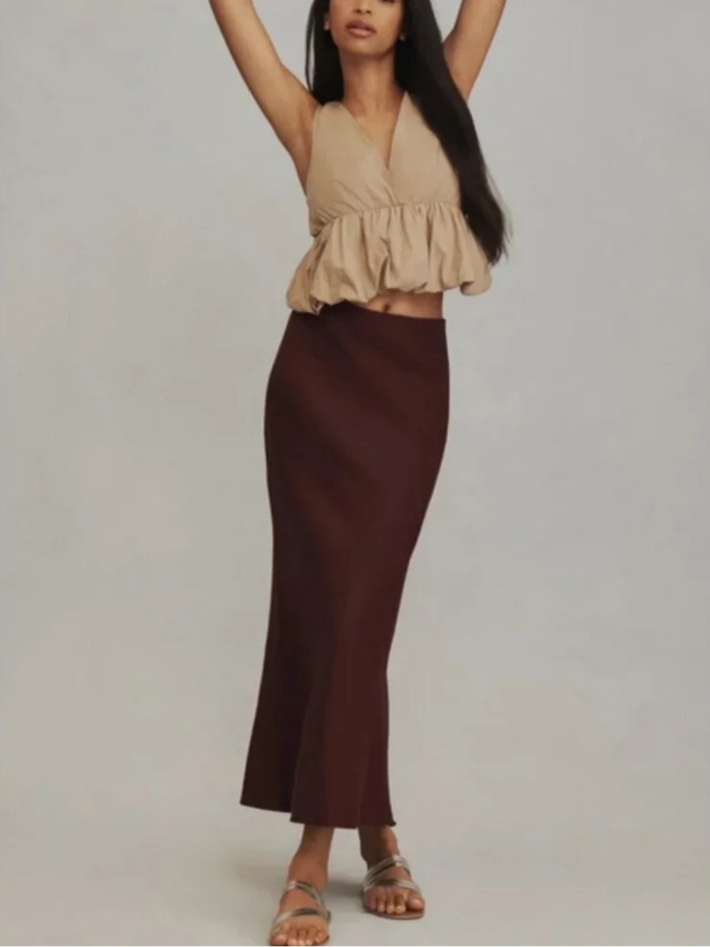 NWT! Anthropologie The Tilda Maxi Slip Skirt Linen Edition Chocolate Brown XS 🗼